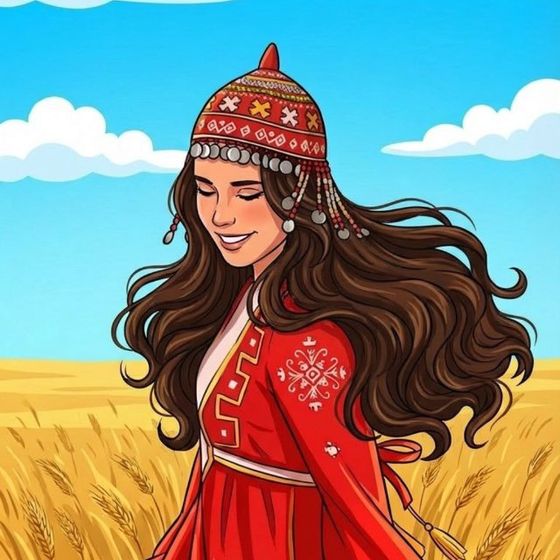 Девушка в тухье и красном платье в пшеничном поле